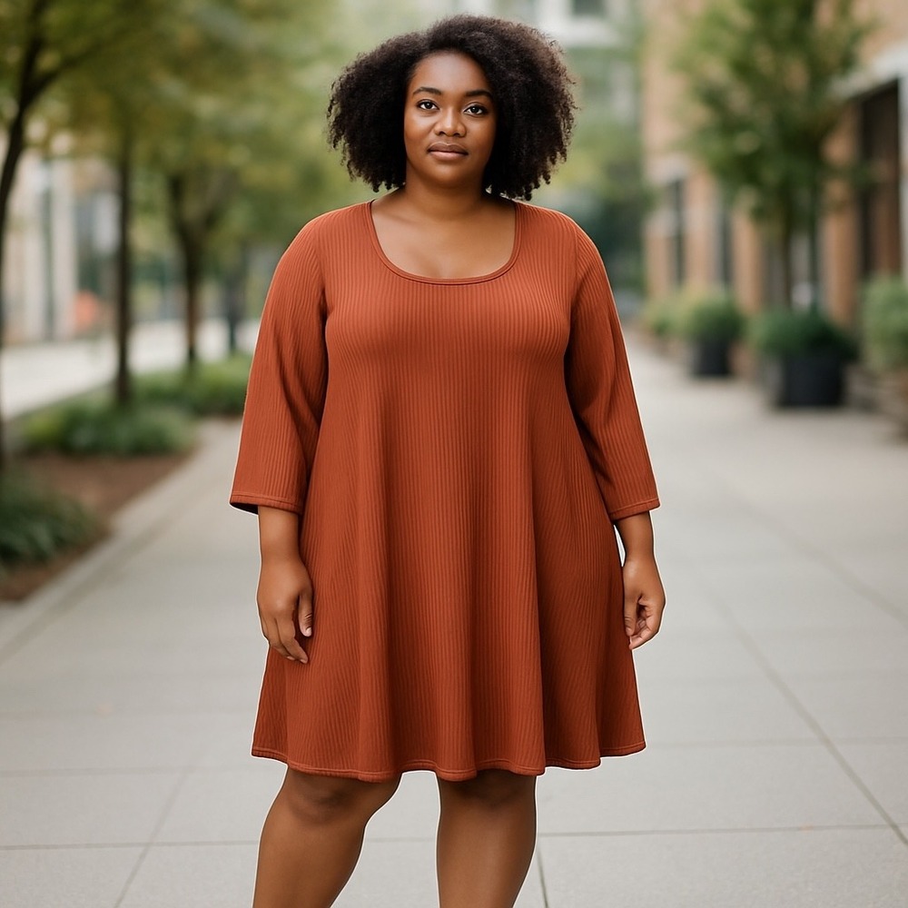 Old Navy Copper Moon 3X A-Line Ribbed Knit Dress 3/4 Sleeve Plus Size‎